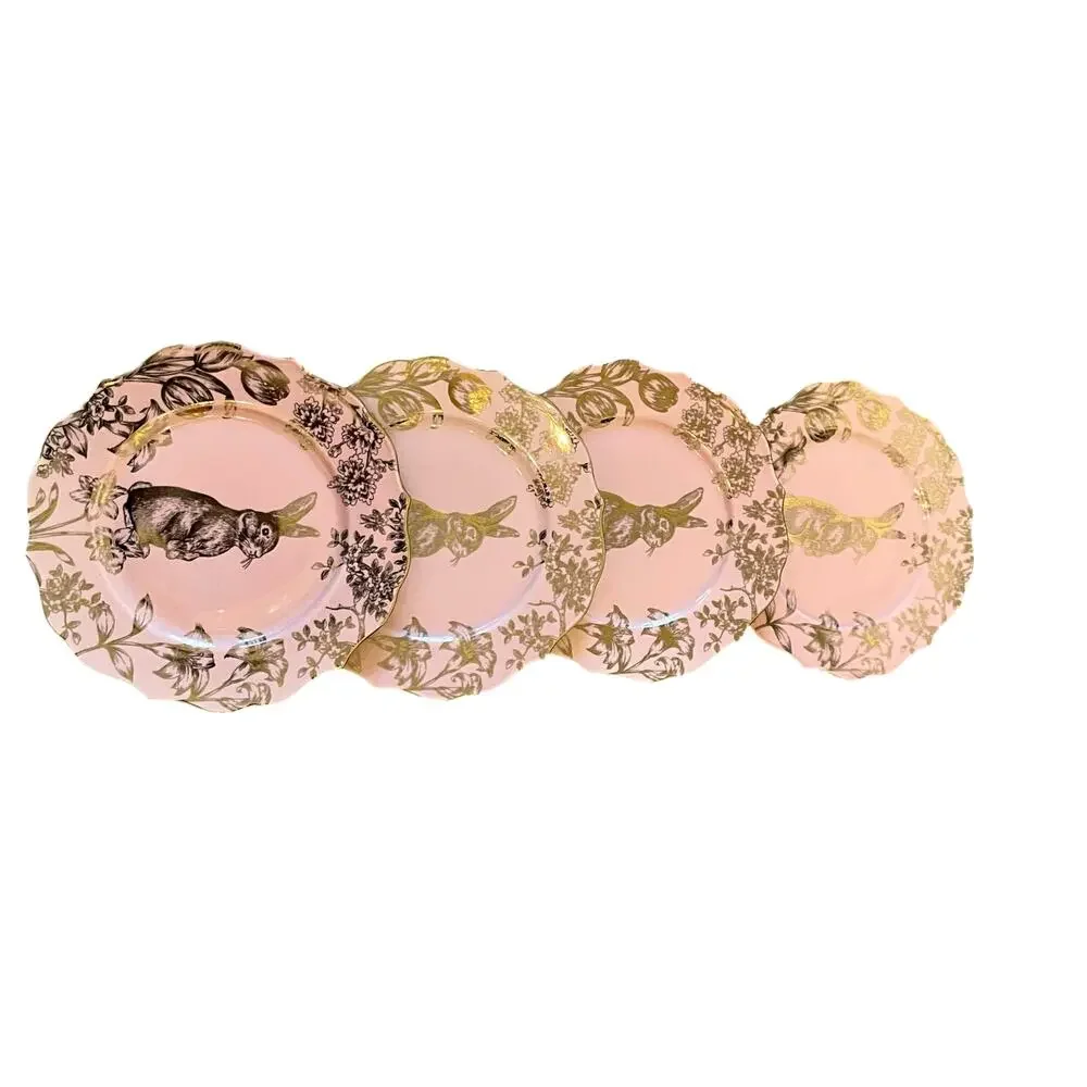 222 Fifth Pink Gold Bunny Hill 10.75” Porcelain Dinner Plates Easter Set/4 New